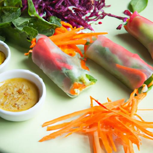 Bright⁣ & ⁢Fresh: Rainbow Spring rolls with ‌Zesty Peanut Sauce
